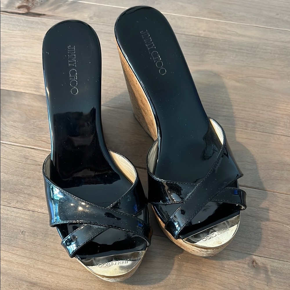 Jimmy Choo Black Patent Leather Wedge Shoes with Gold Toe Detail